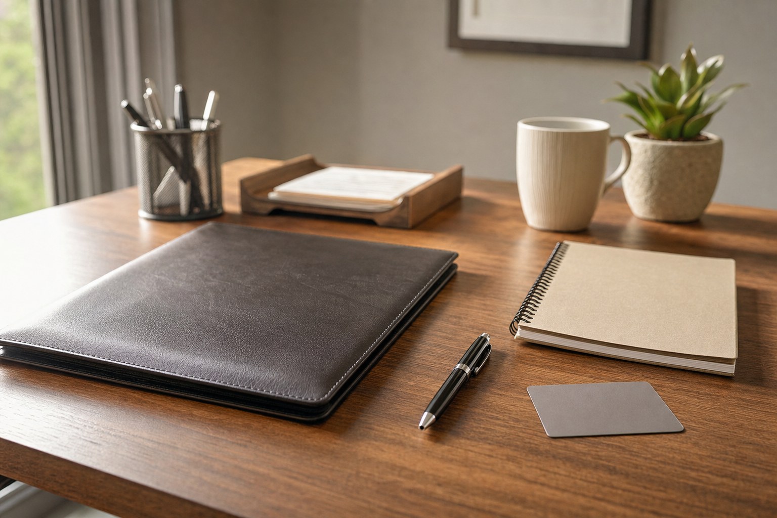 A prepared desk with a document folder and pen for a notary appointment