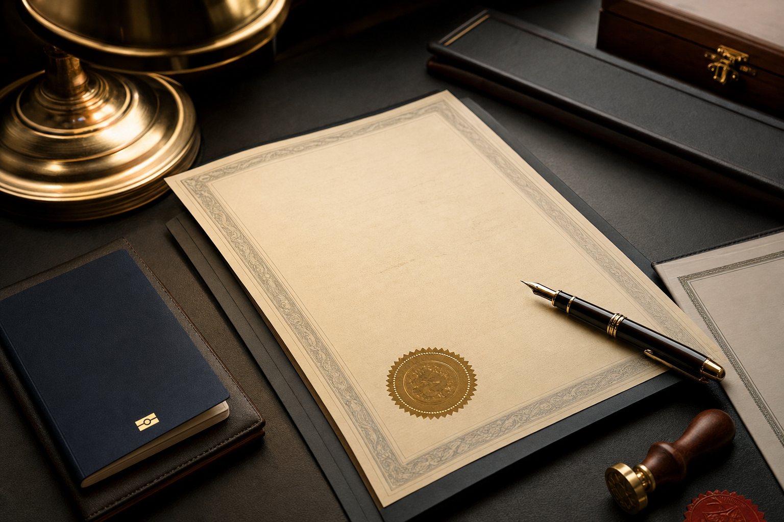 Estate documents, a pen, and an official seal arranged on a desk