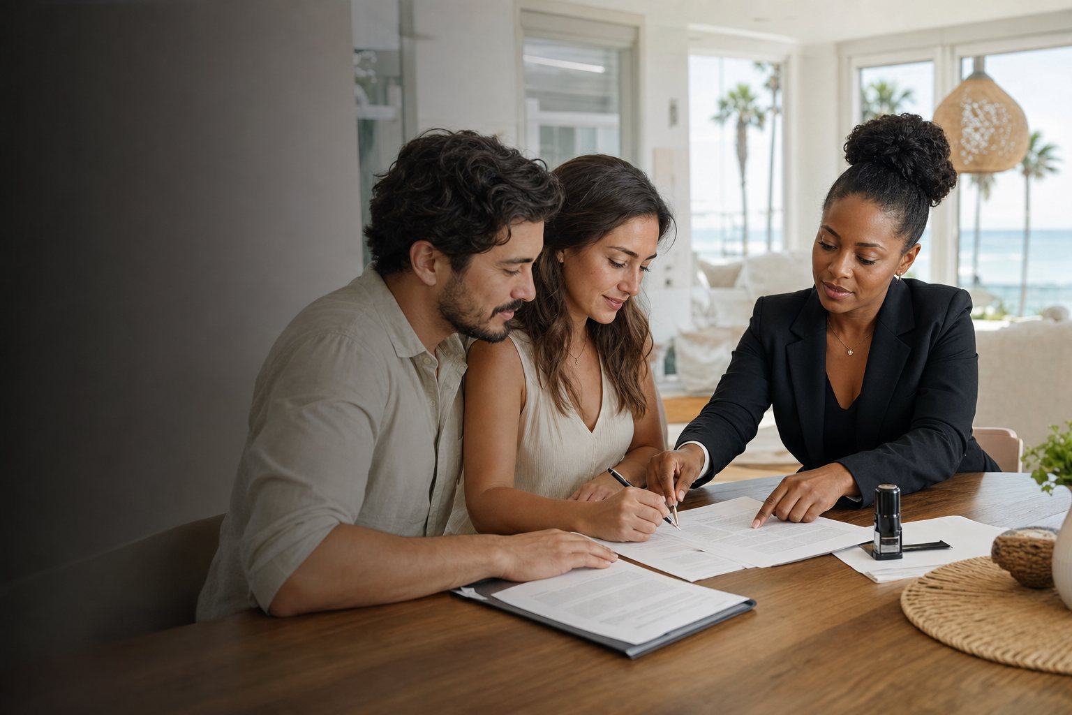 A professional notary guiding clients through a document signing