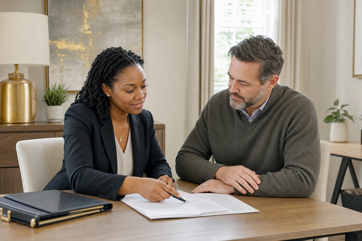Mobile notary helping a client prepare documents for a signing