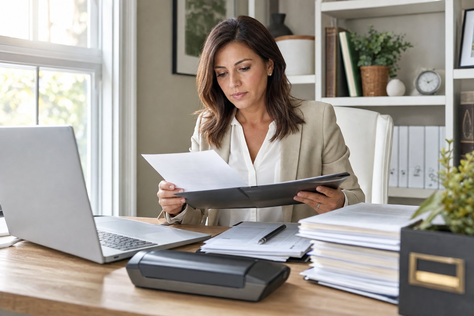 Professional notary reviewing a signing package in an office