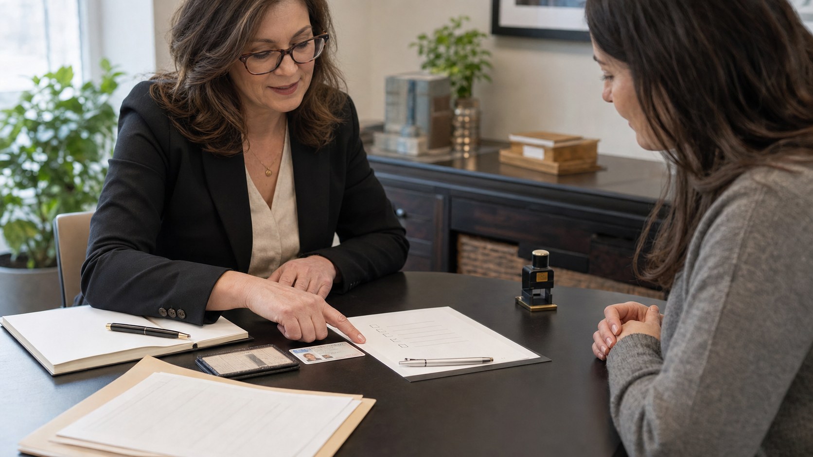 Notary helping a client prepare documents for a signing