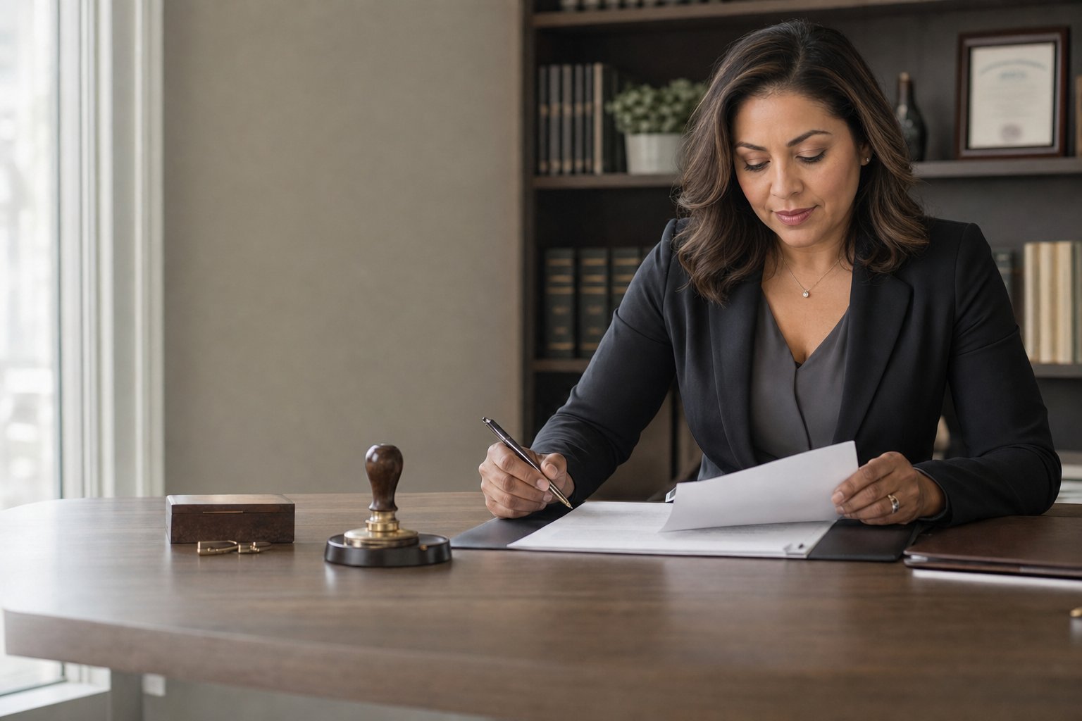 Hispanic notary reviewing documents before a signing