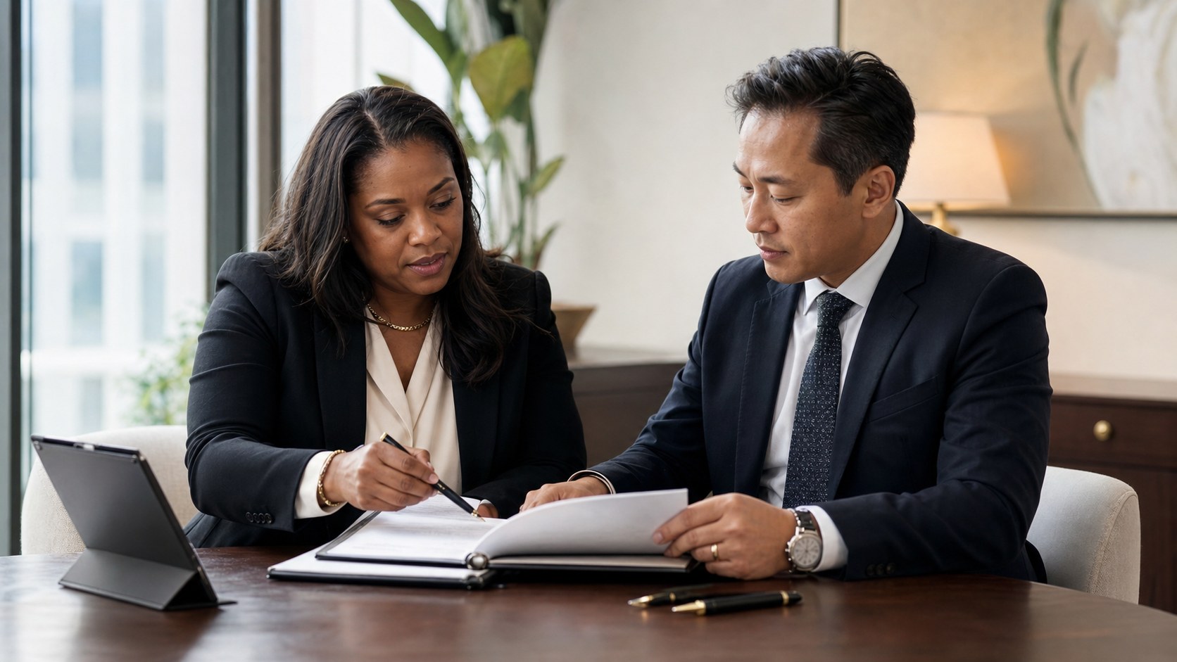 Notary and title professional reviewing a closing package