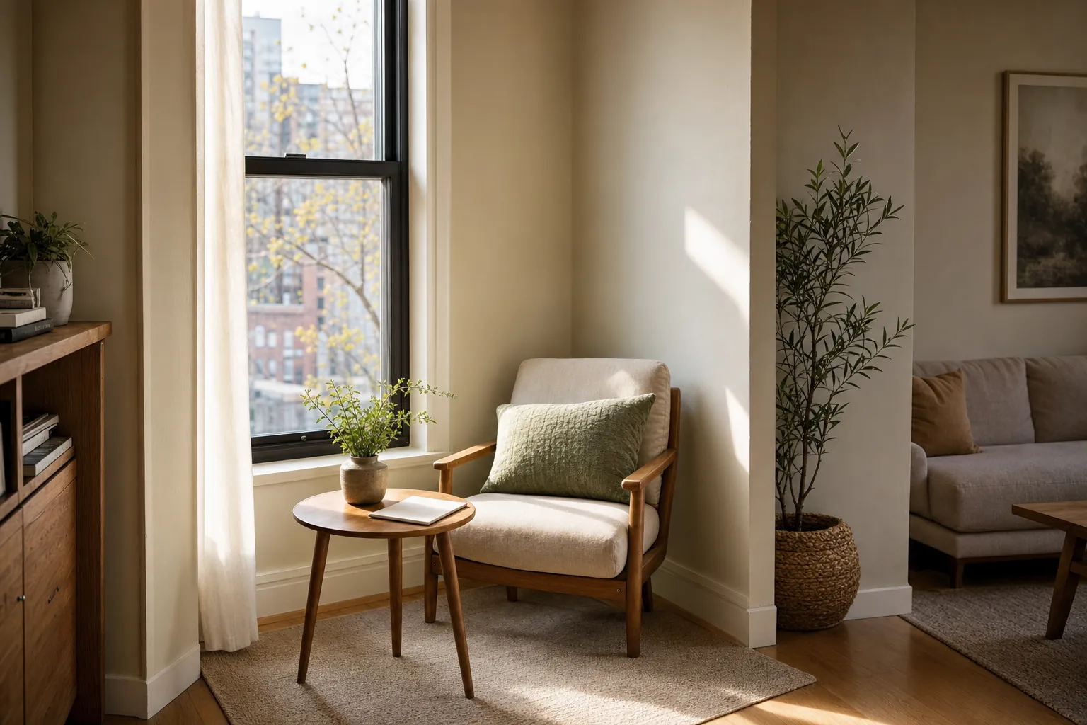 Compact window-side nook with a chair, small table, notebook, and plant