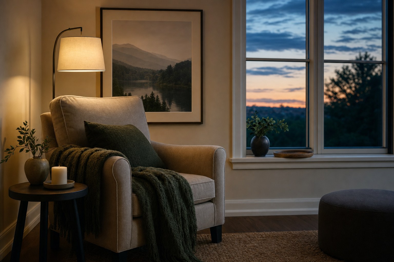 Living room prayer space with an armchair, warm lamp, and dusk sky beyond the window