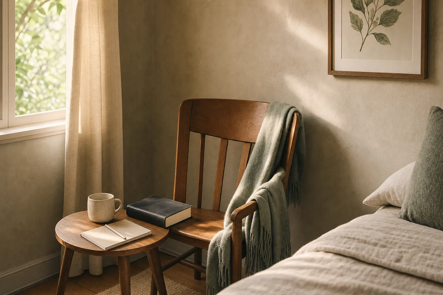 A wooden chair and small table prepared for prayer beside a bedroom window