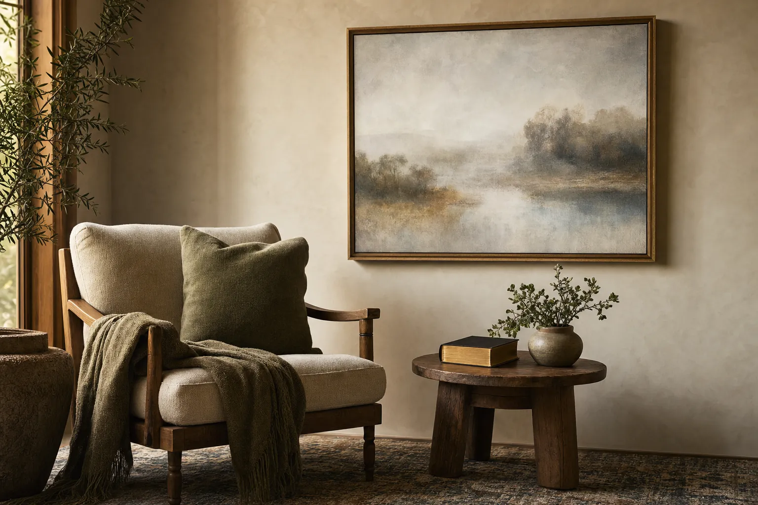 Comfortable chair and framed landscape art in a calm home corner