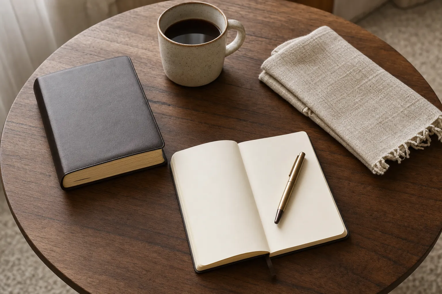 Closed Bible, blank journal, pen, cup, and folded linen cloth on a wood table