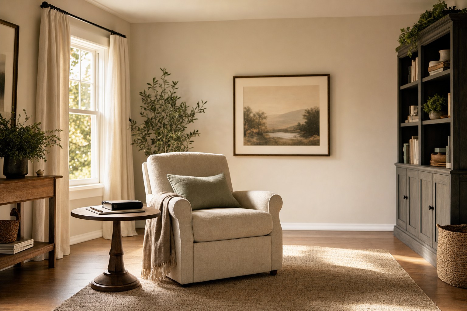 Warm home prayer room with an armchair, a Bible on a side table, and morning light