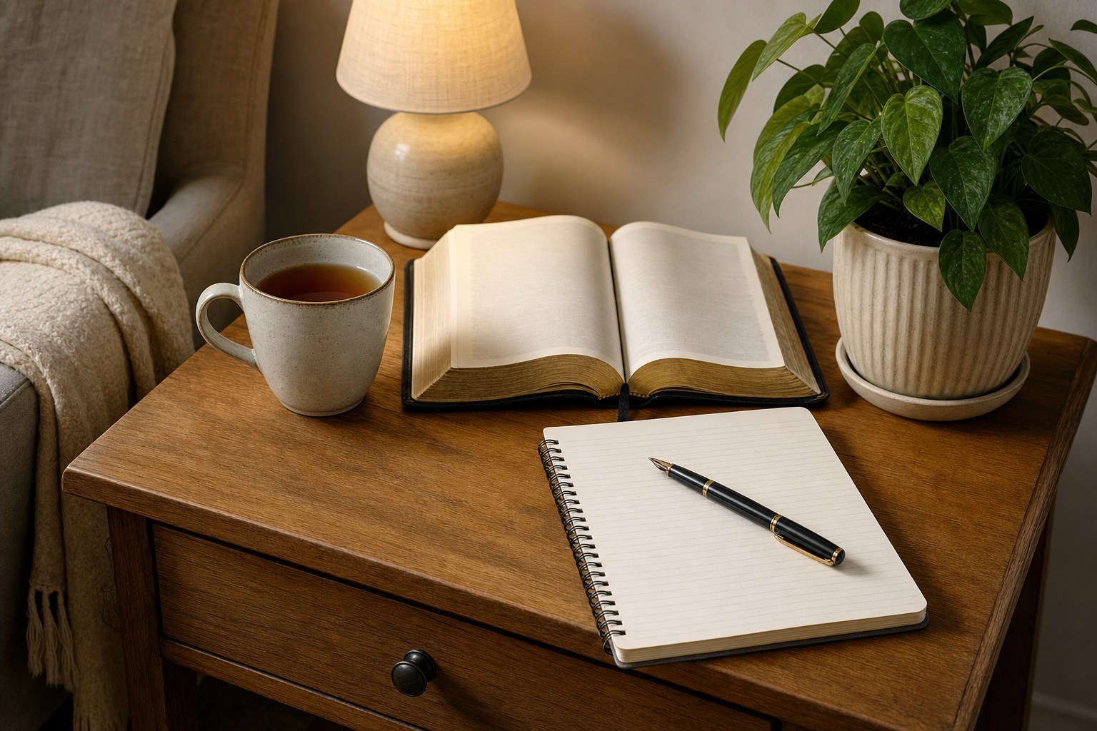 Open Bible, blank journal, pen, tea, and plant on a wooden side table