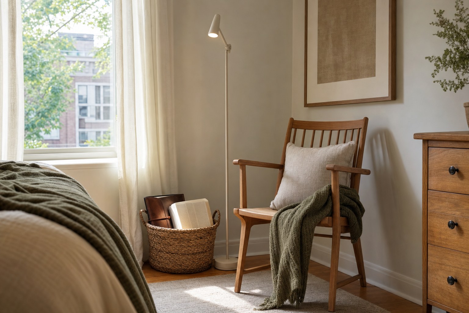 Bedroom prayer nook with a wood chair, basket, Bible, and window light