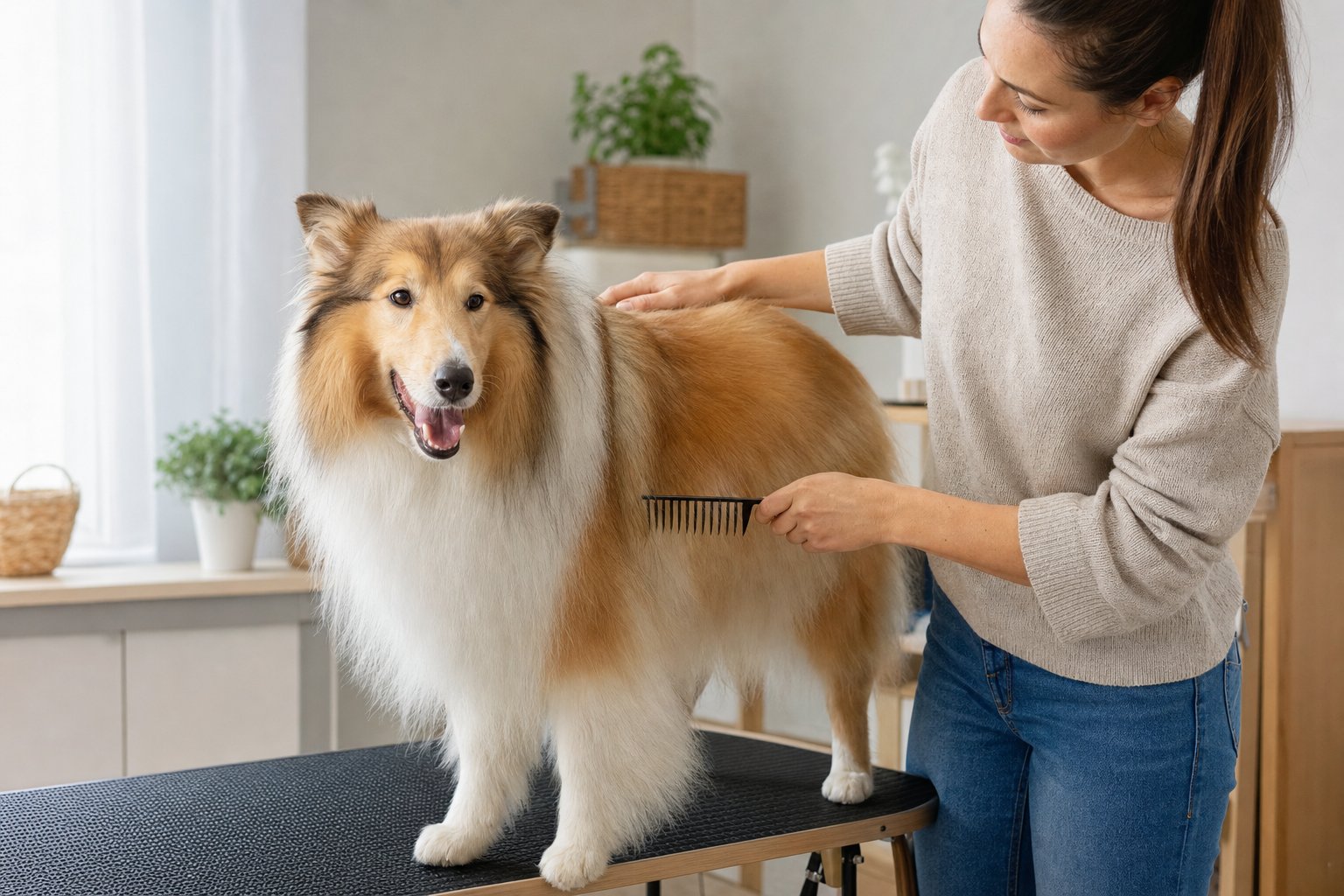 A double-coated dog being gently combed on a nonslip grooming mat