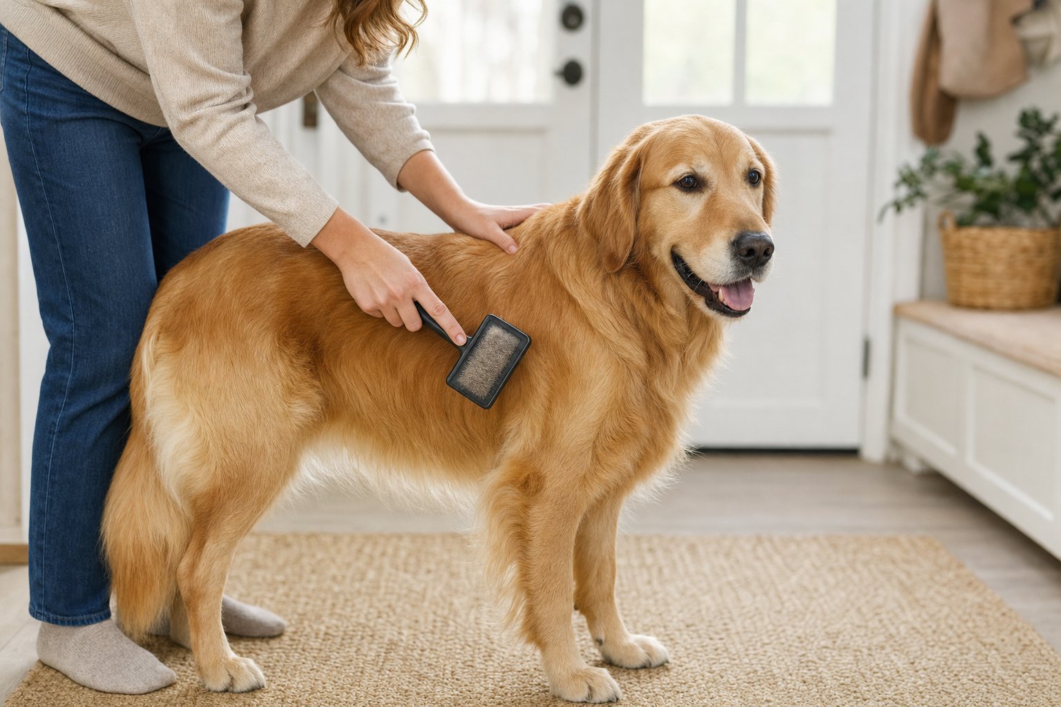 A golden retriever being gently brushed at home