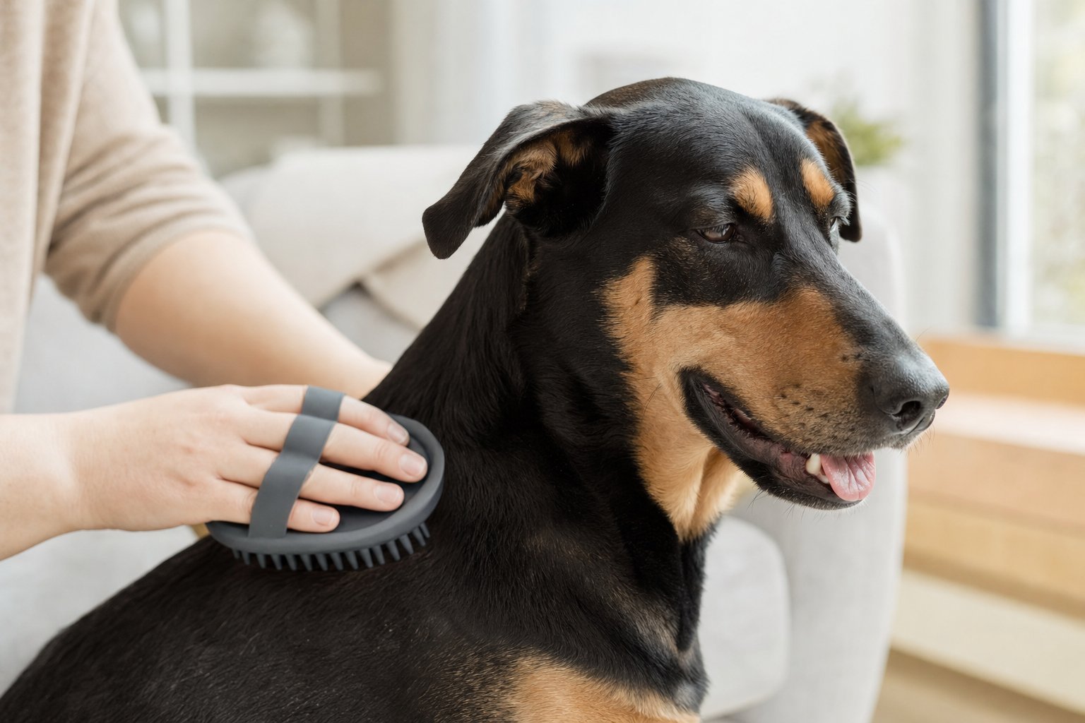 A short-haired dog receiving a gentle rubber brush at home