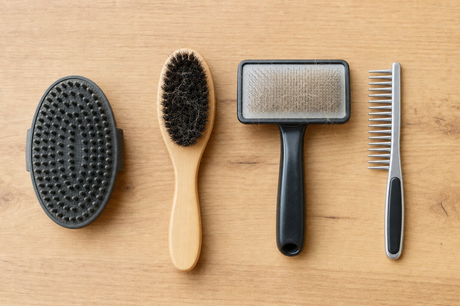 Rubber curry brush, bristle brush, slicker brush, and metal comb on a wood surface