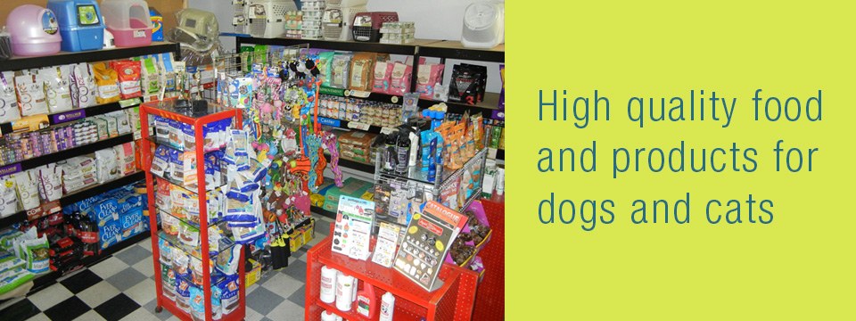 Dog-care products and supplies displayed at Pet Palace