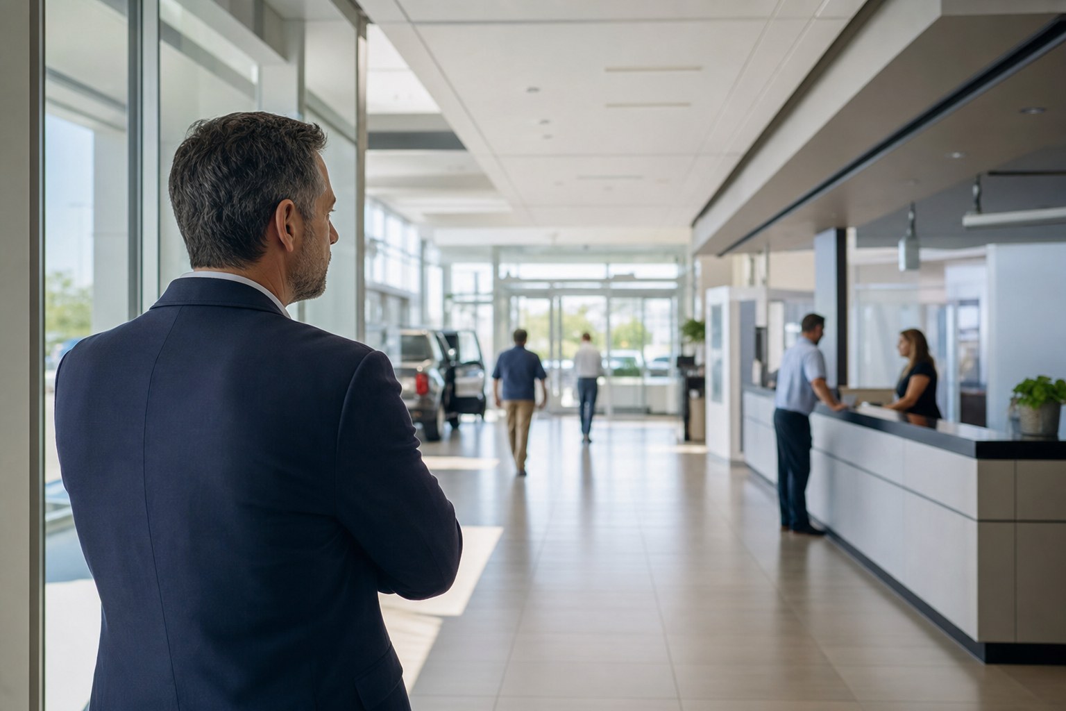 A leader observing customer interactions at a service reception desk