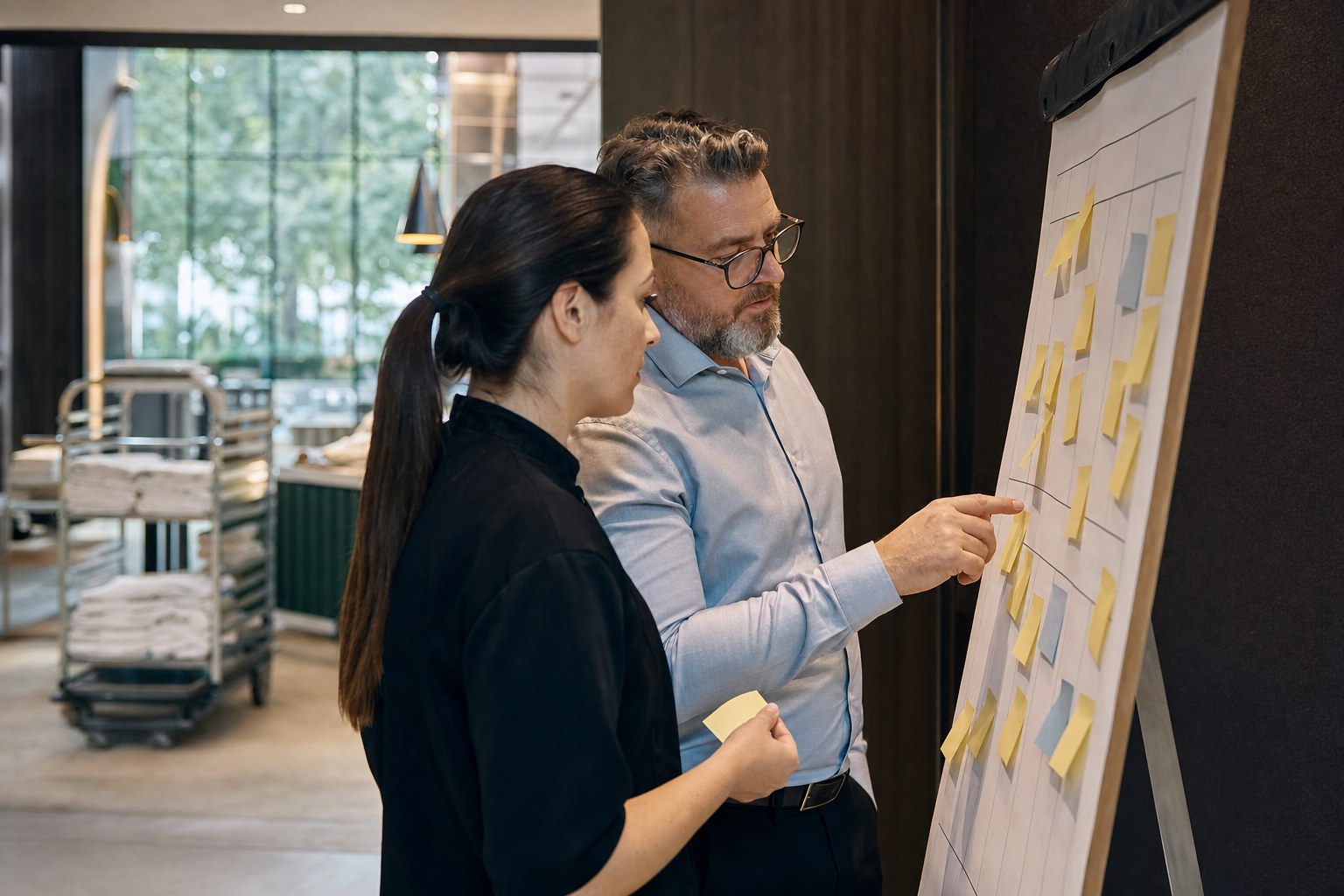 A leadership team reviewing customer experience decisions around a working table