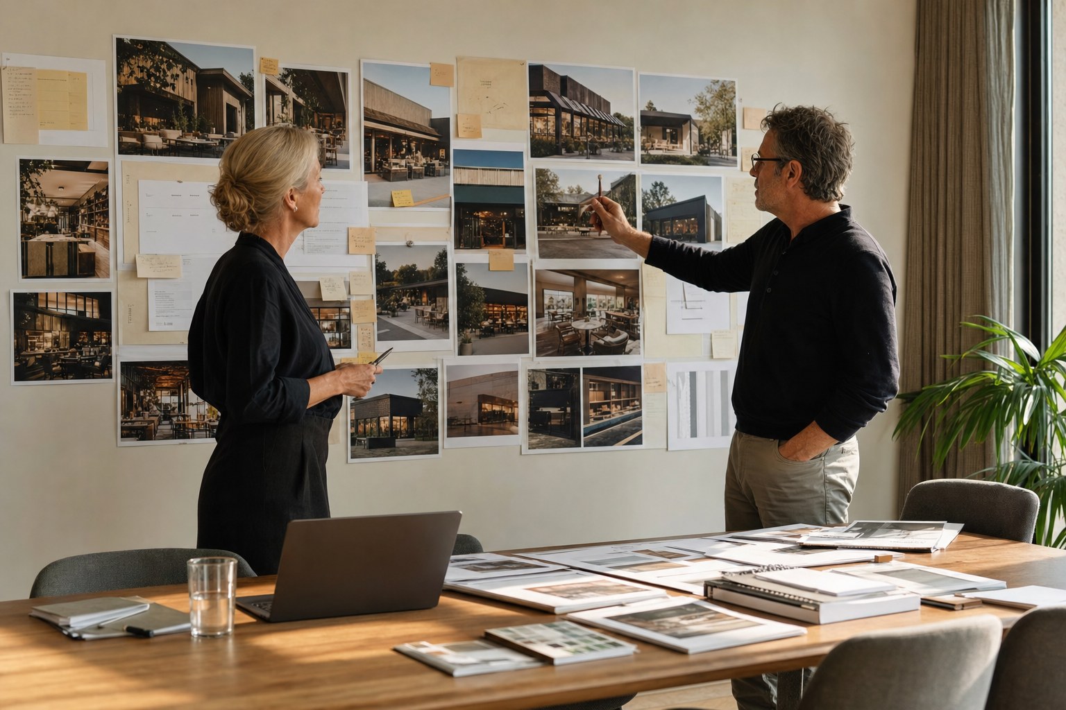 Two leaders reviewing real-world brand touchpoints on a wall