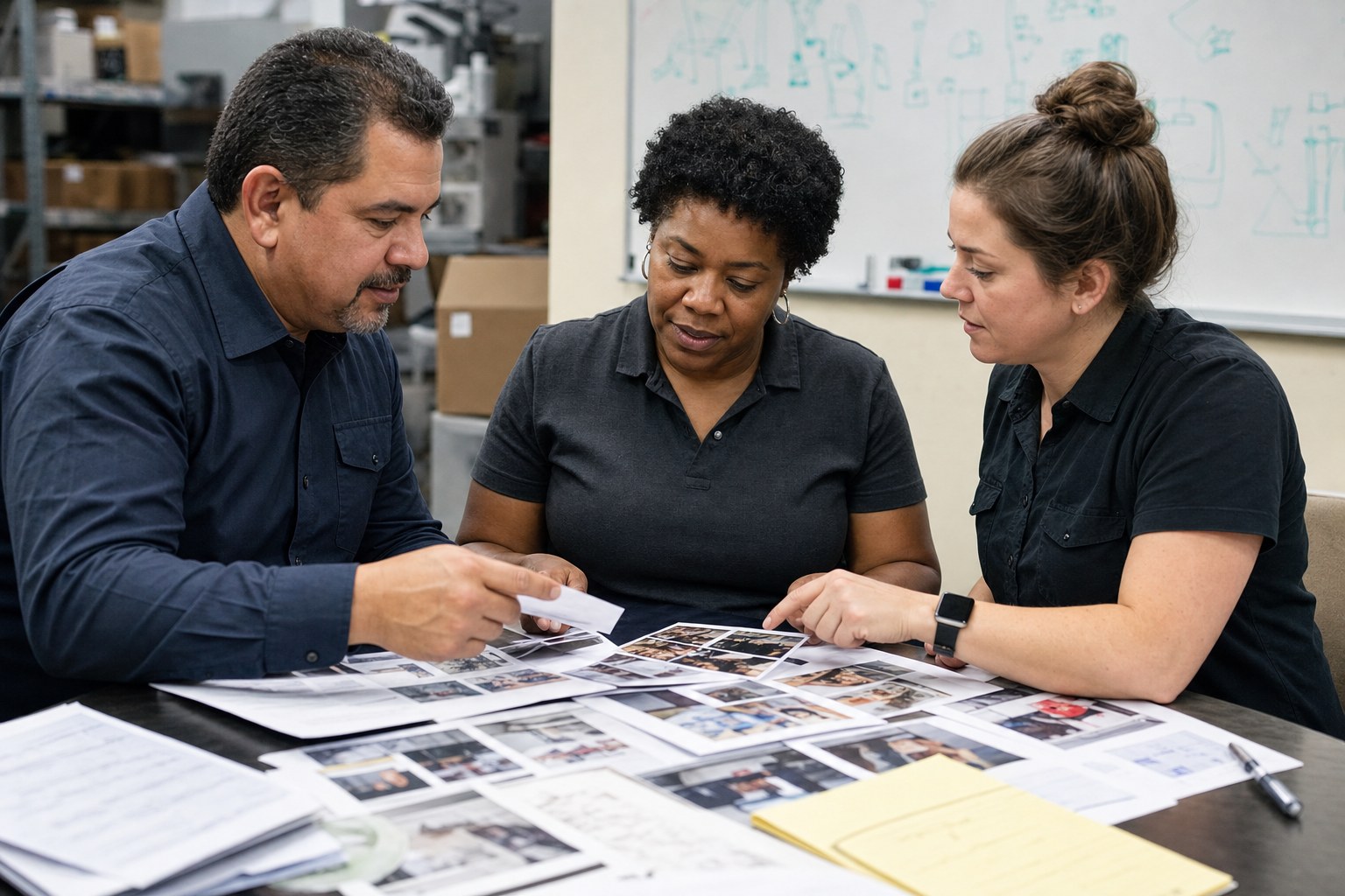 Three field leaders comparing customer-experience observations and printed examples