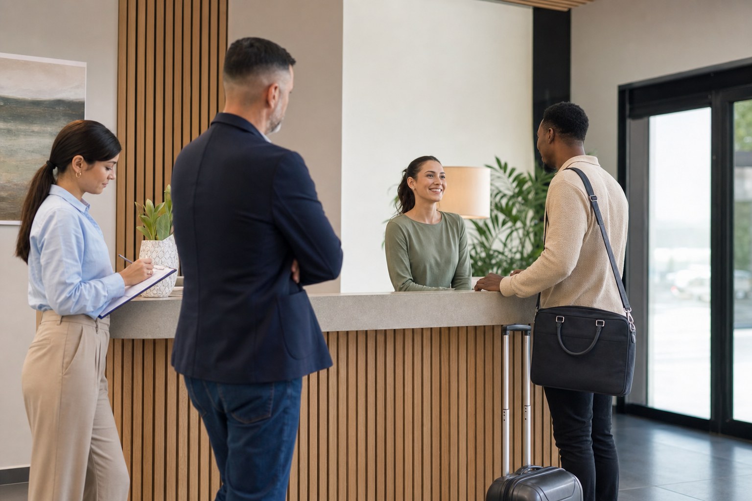 A manager observing a customer welcome while a colleague records notes