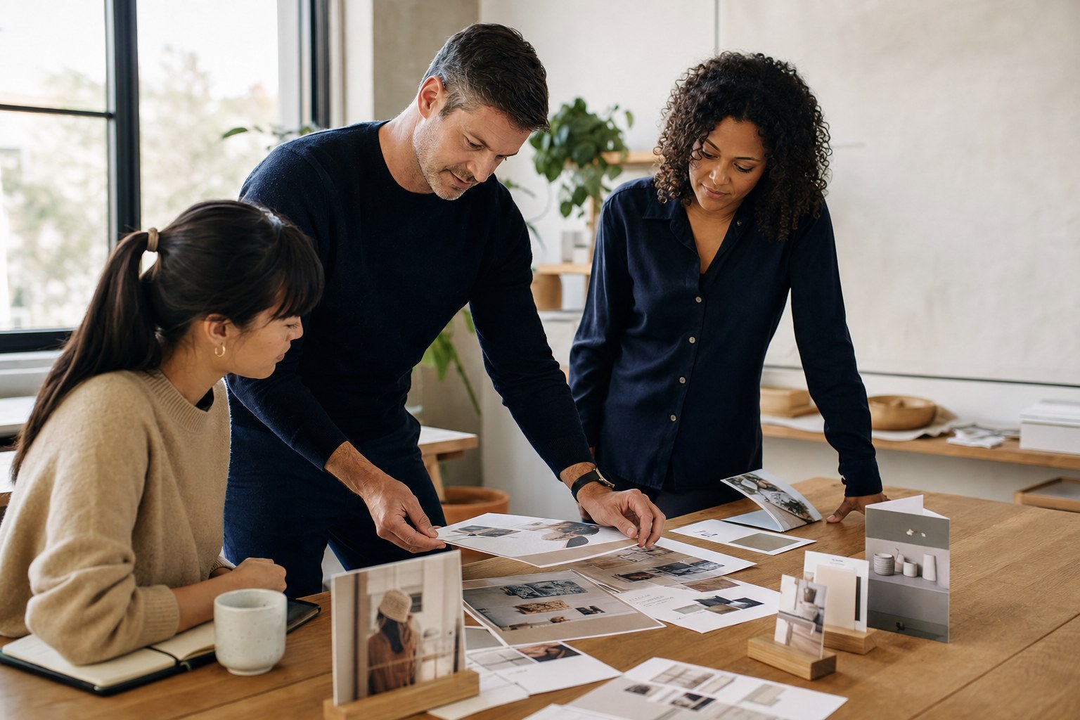 Leaders reviewing customer-facing materials together around a table