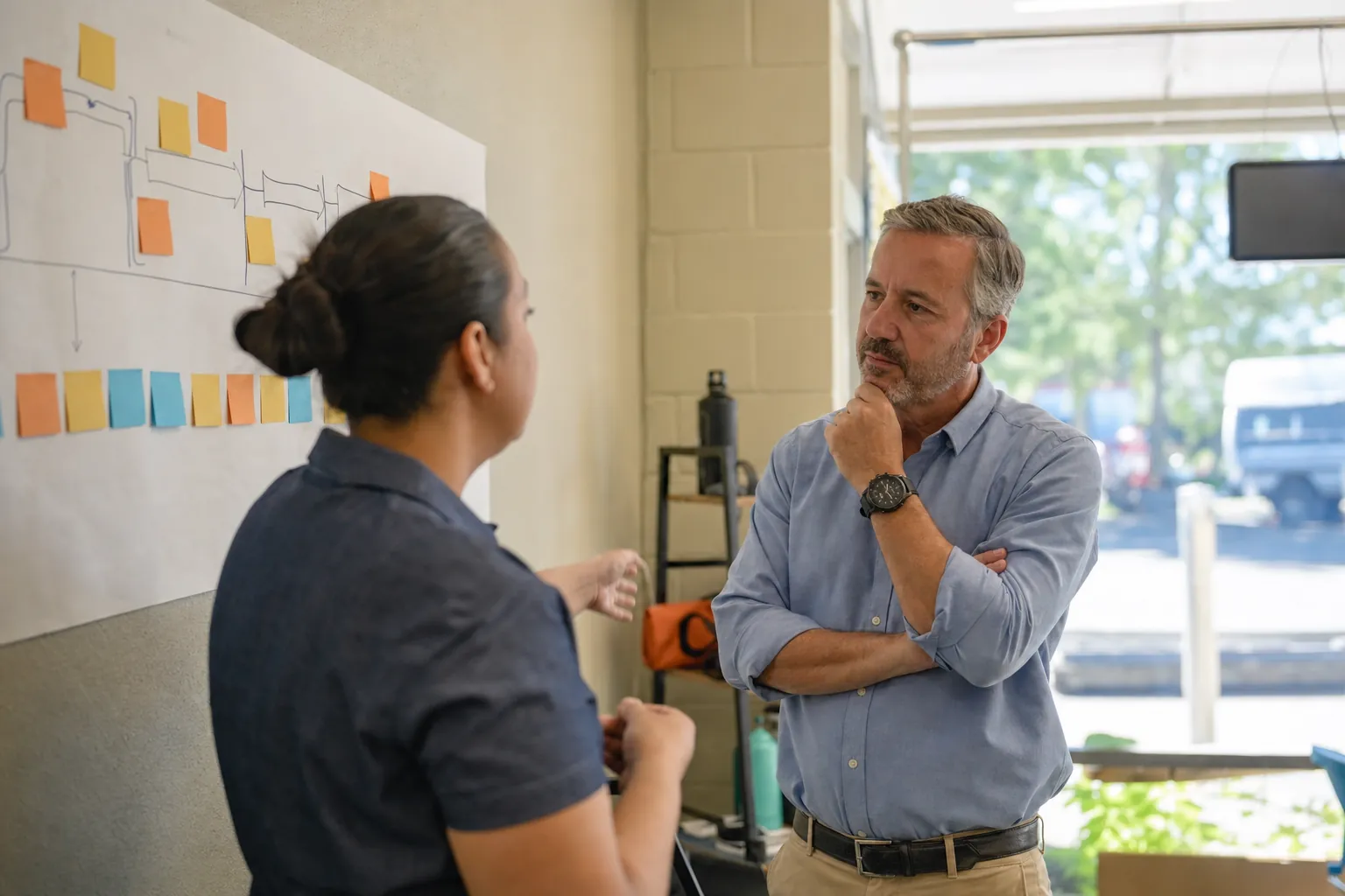A field leader listening to a frontline team member beside a customer journey board