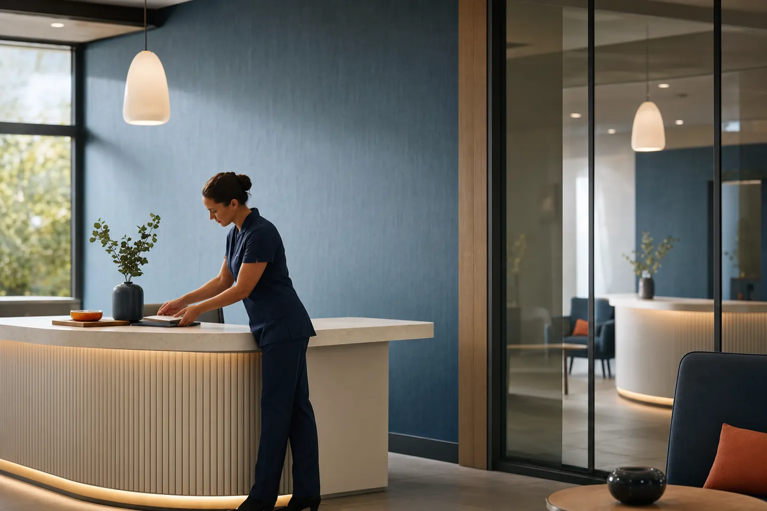 A team member preparing a thoughtful welcome at a reception desk
