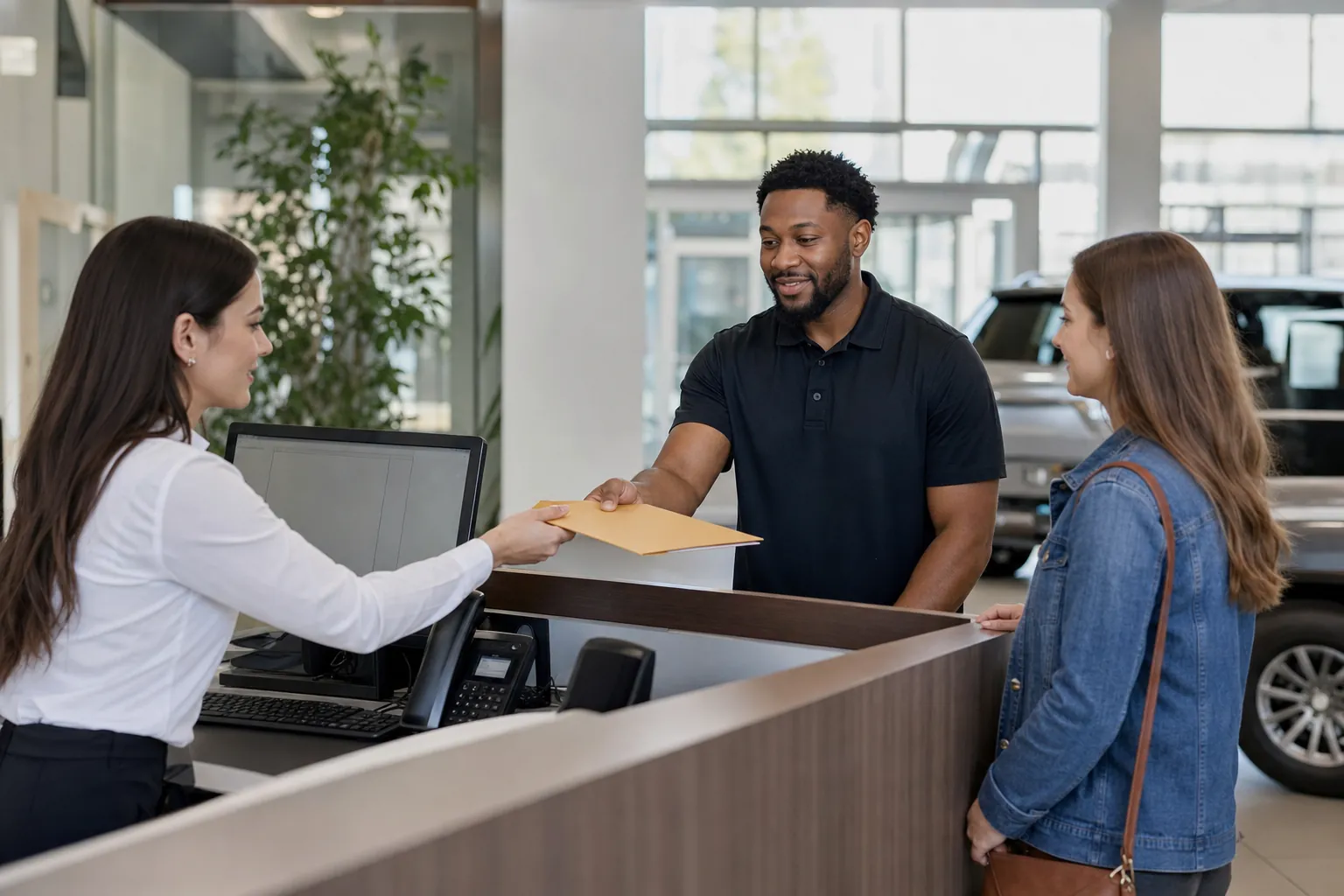A customer receives a folder during a helpful service counter handoff
