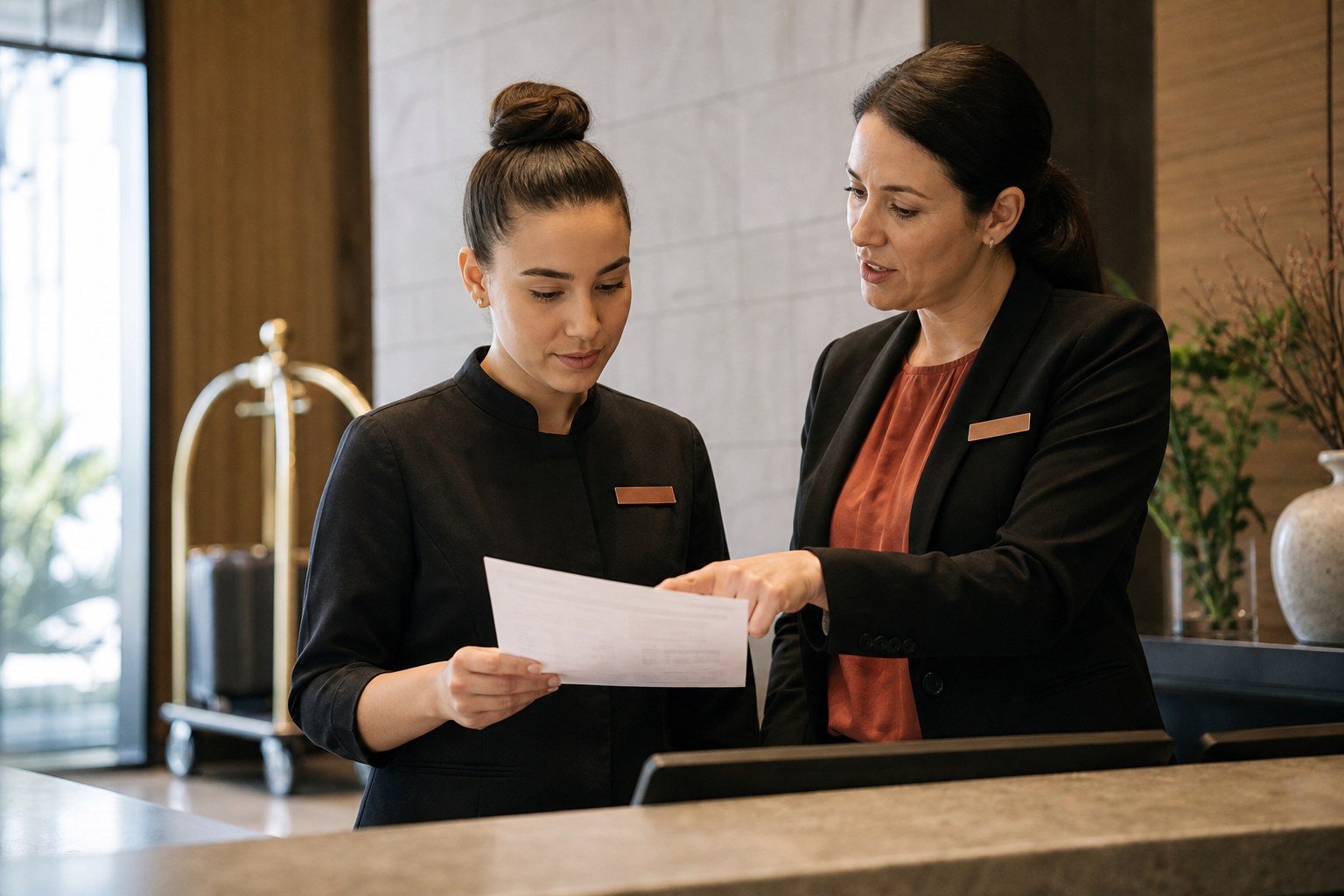 A manager coaching a frontline team member on a service standard at a welcome desk
