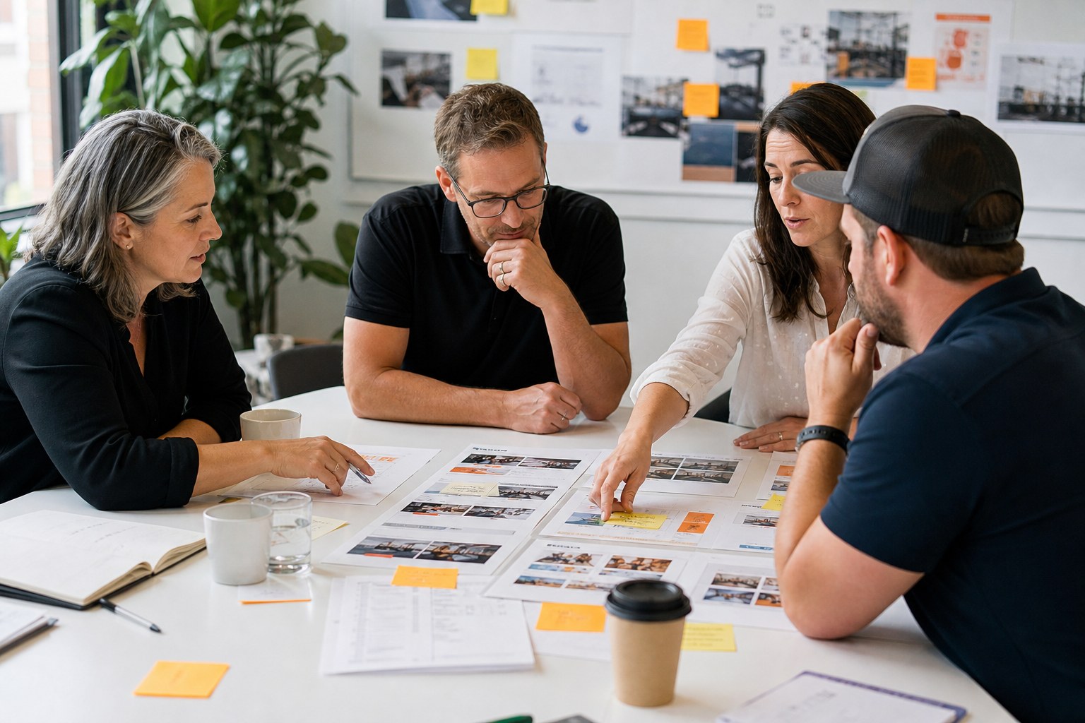 A cross-functional team comparing customer journey materials and field observations together