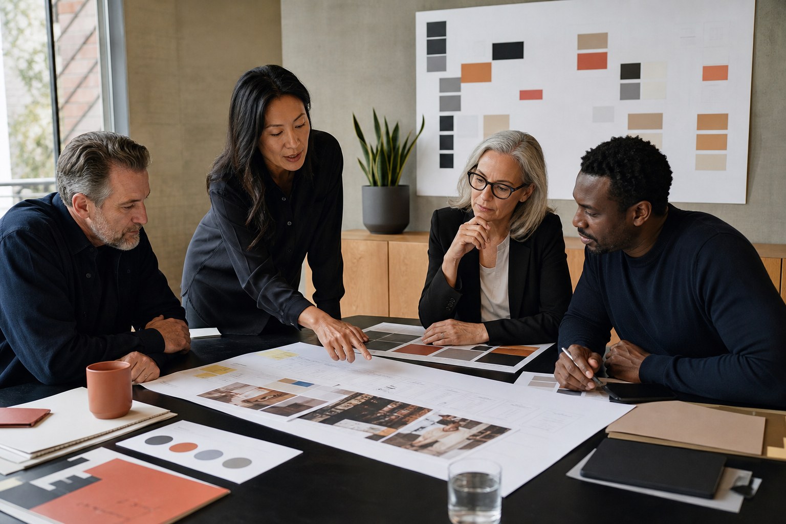 Four leaders reviewing brand and customer experience materials around a working table