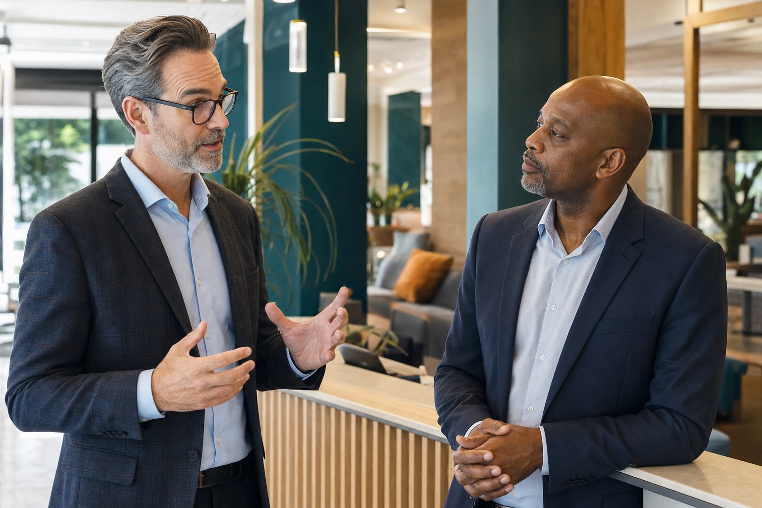 Two experienced leaders discussing a change in a customer-facing service location