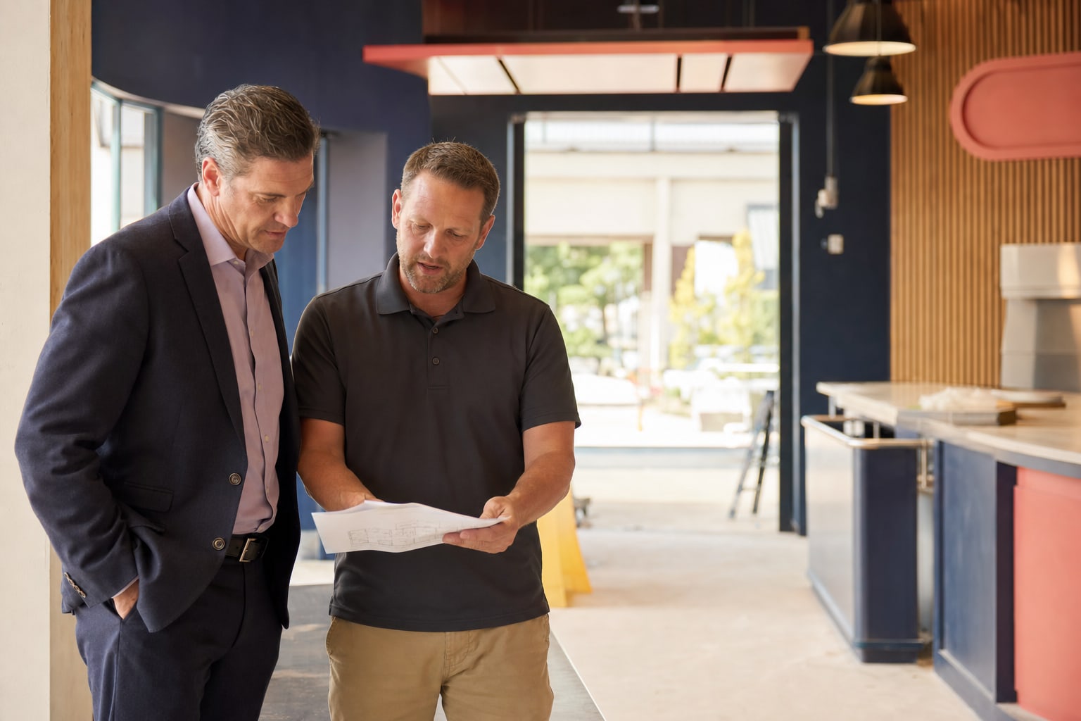 Two leaders reviewing an operating decision in a customer-facing service location