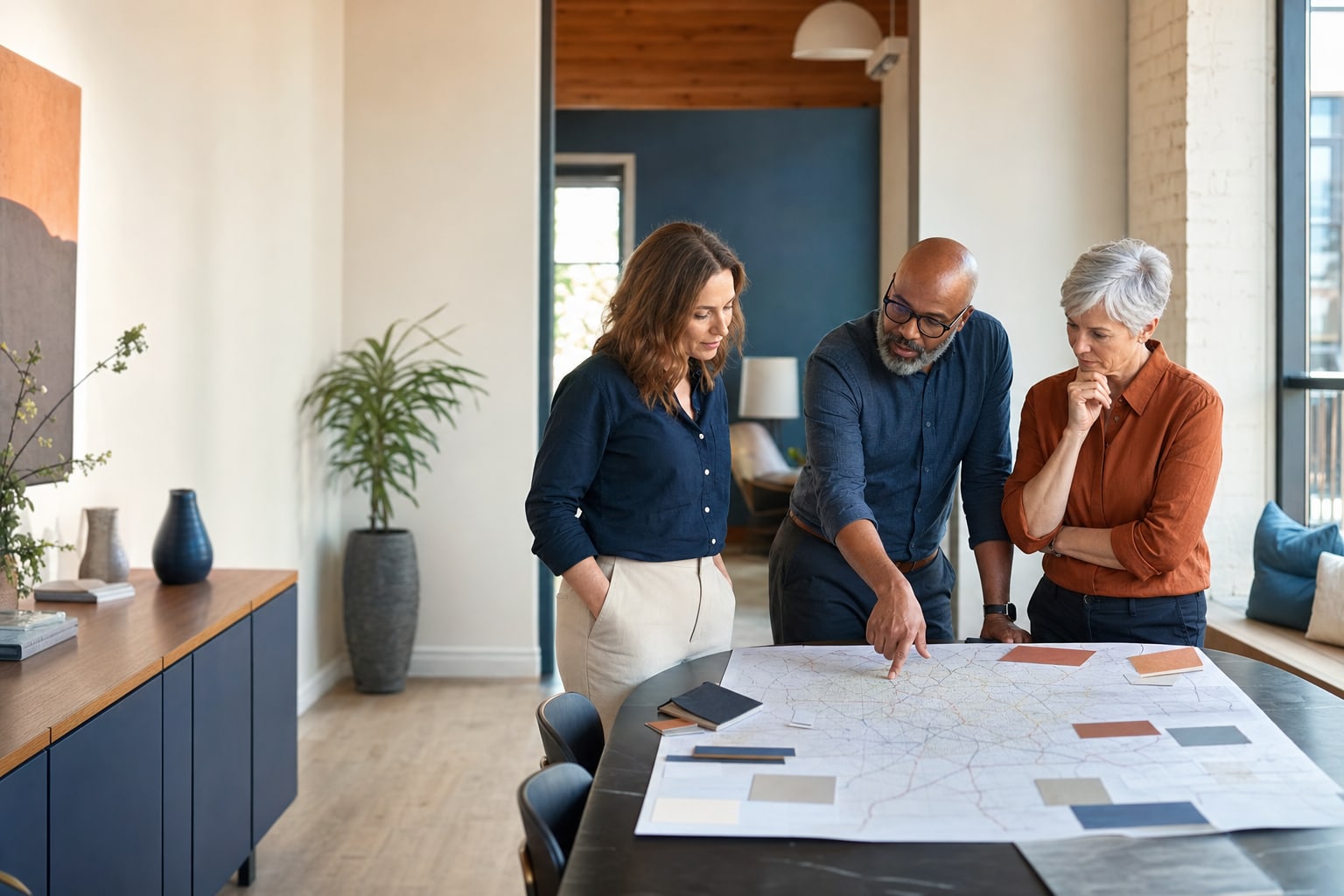 Three senior leaders aligning a brand strategy around a regional map