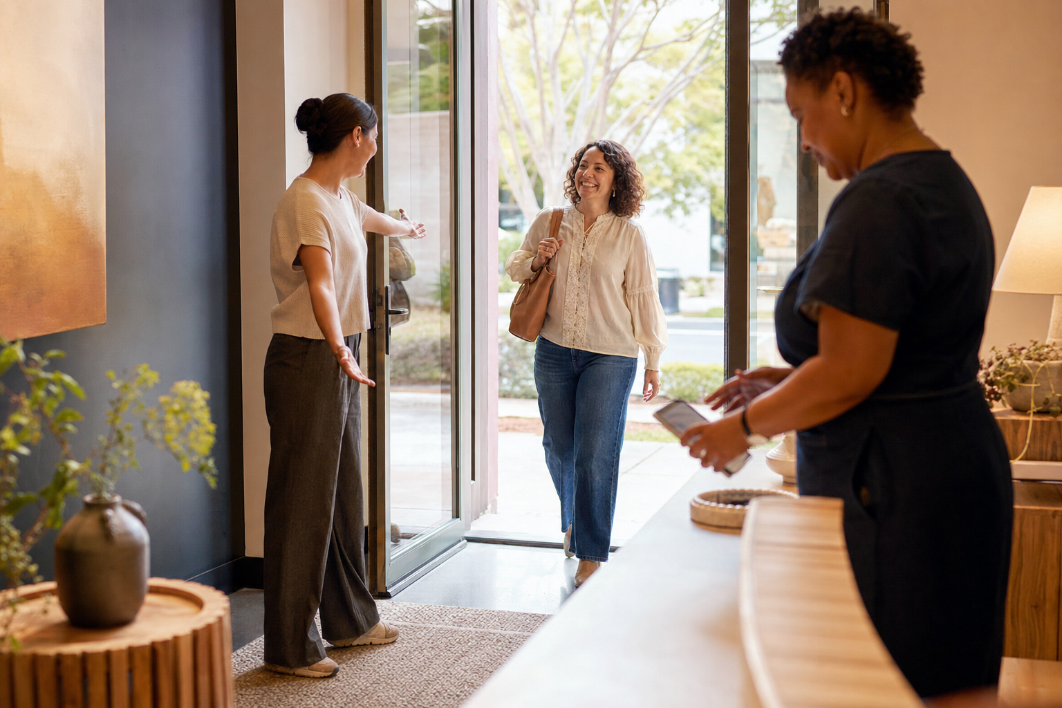 A staff member warmly greeting a customer as she arrives at a service location