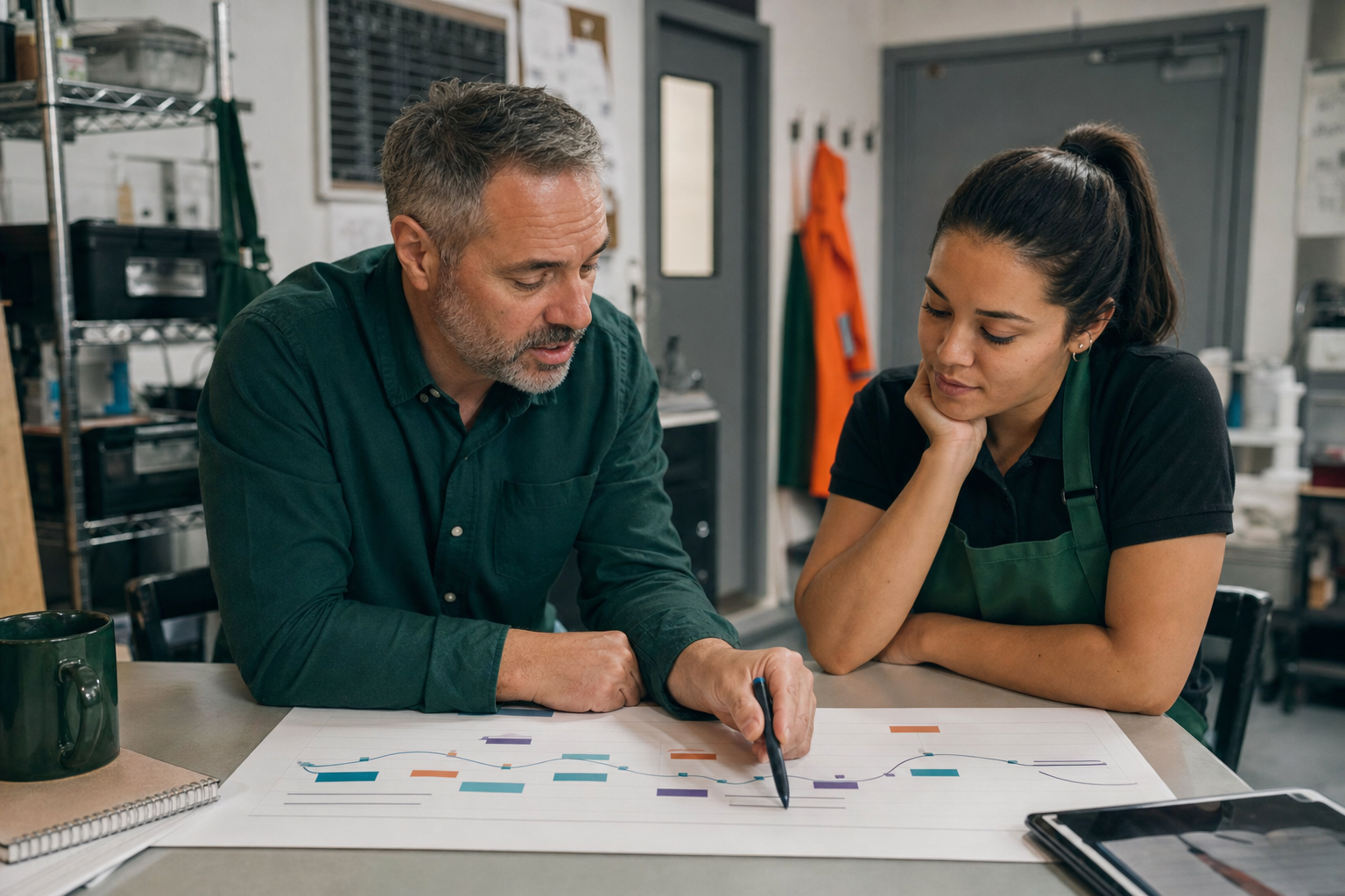 A location leader and frontline team member reviewing a customer handoff on a paper journey map