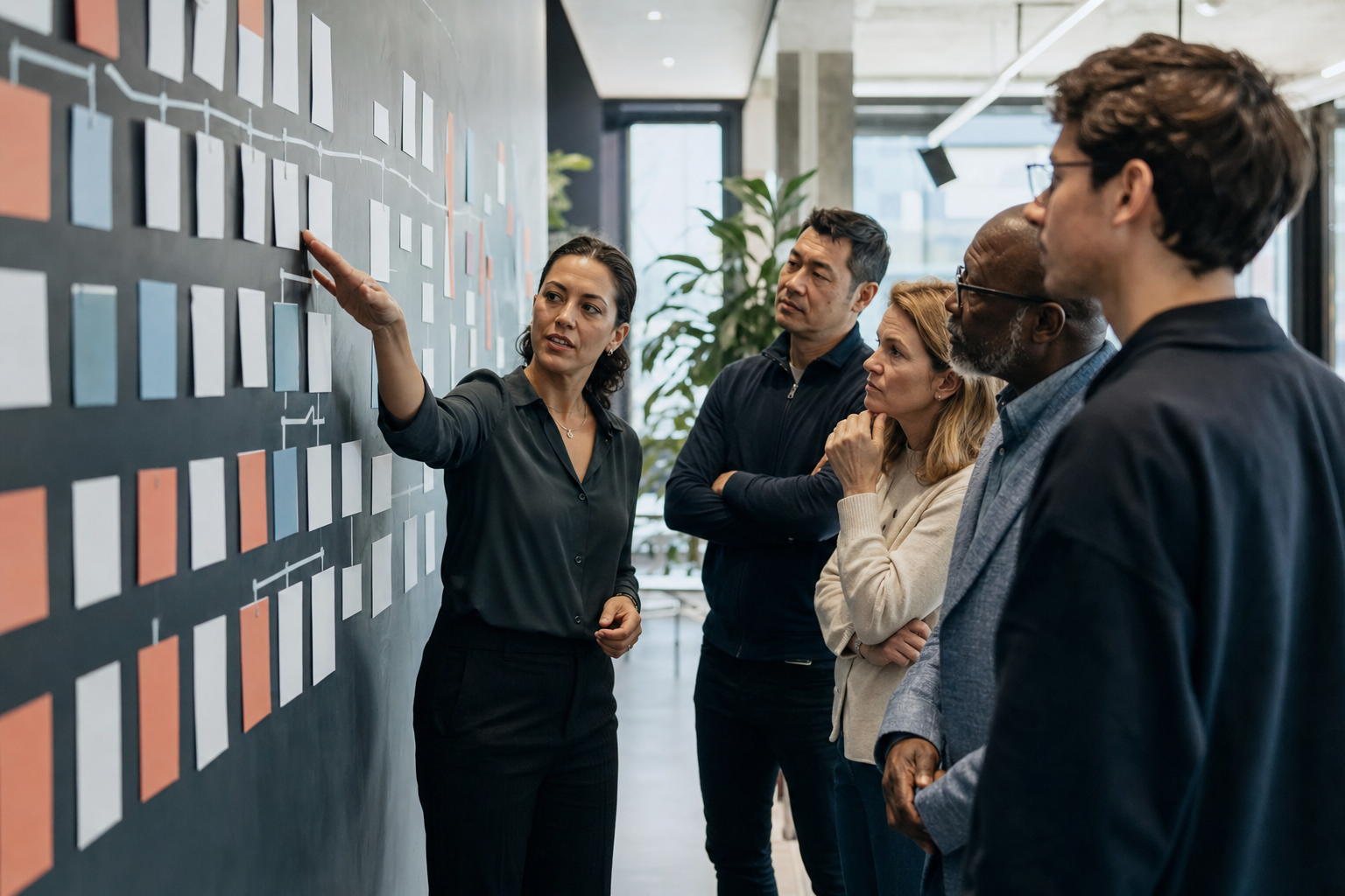 Operations and field leaders reviewing patterns on a customer journey mapping wall