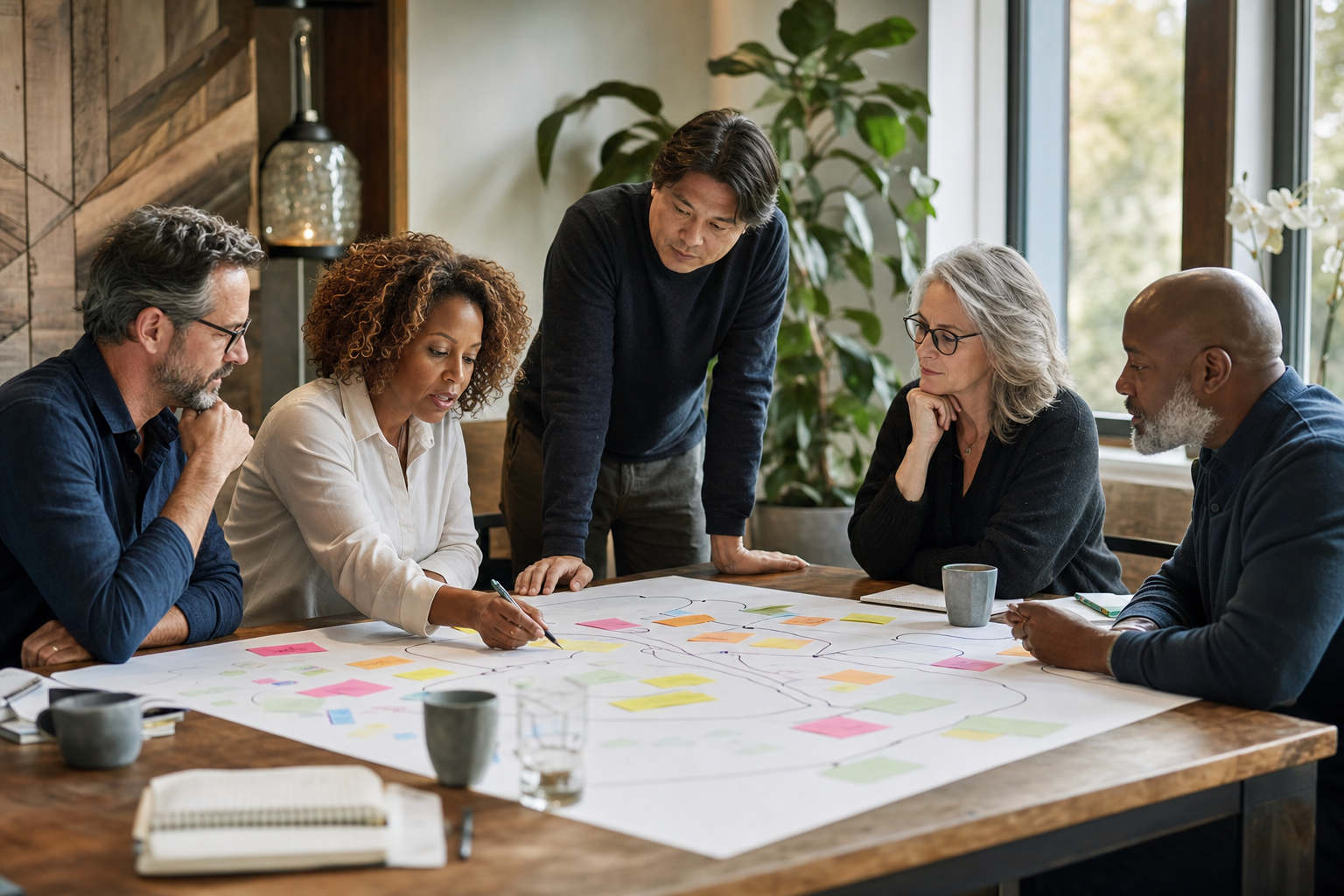 Leaders reviewing a customer journey map together around a table