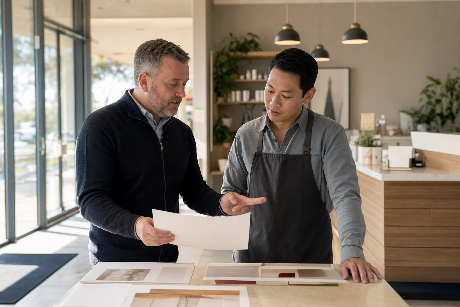 A field leader and local operator reviewing brand materials in a customer-facing location