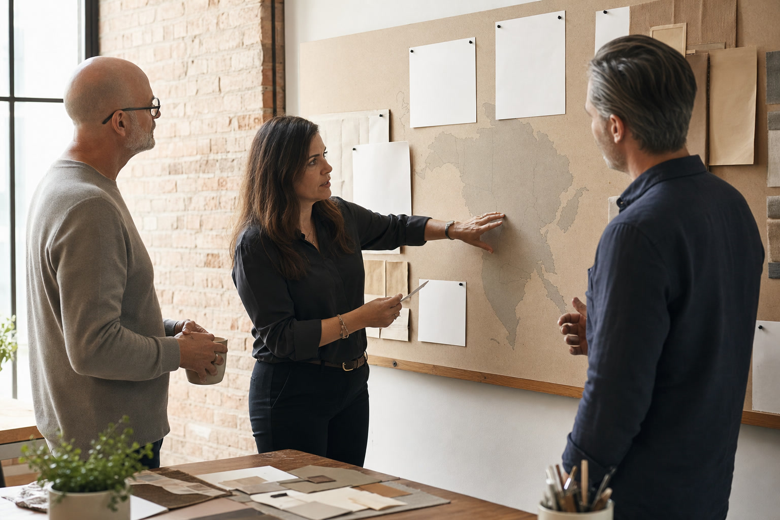 Three franchise leaders aligning a brand plan around a regional map