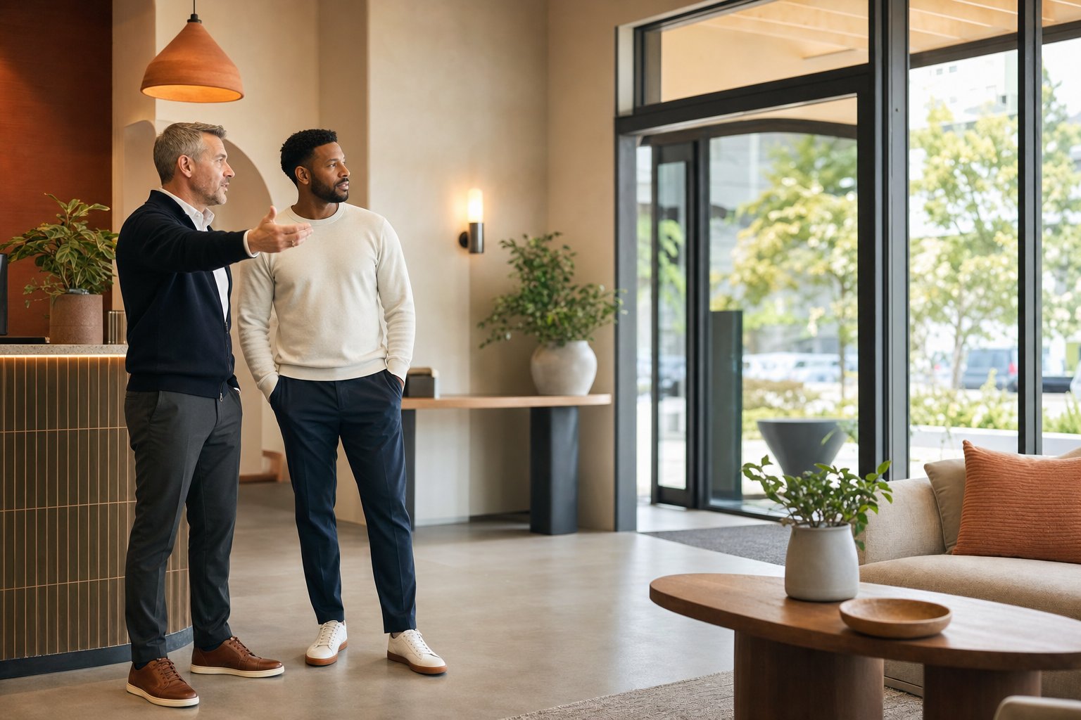 A regional leader and local owner reviewing a customer-facing service location