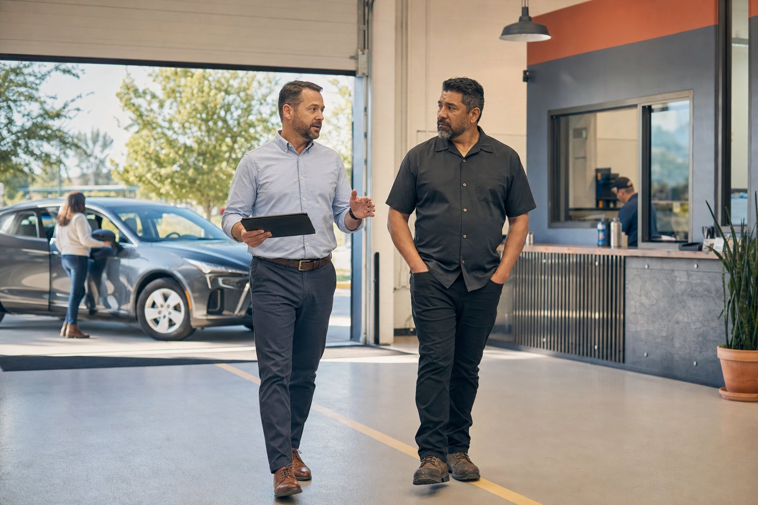 A regional leader and local owner discussing the customer experience in a service location