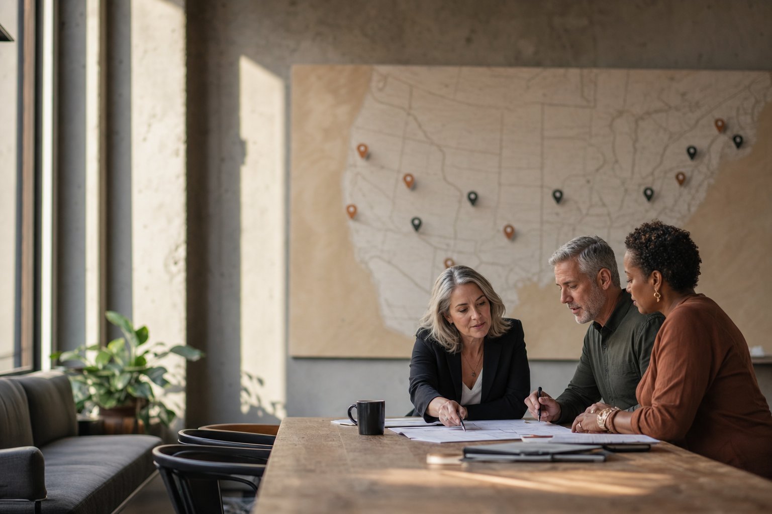 Three senior leaders reviewing a regional growth plan together