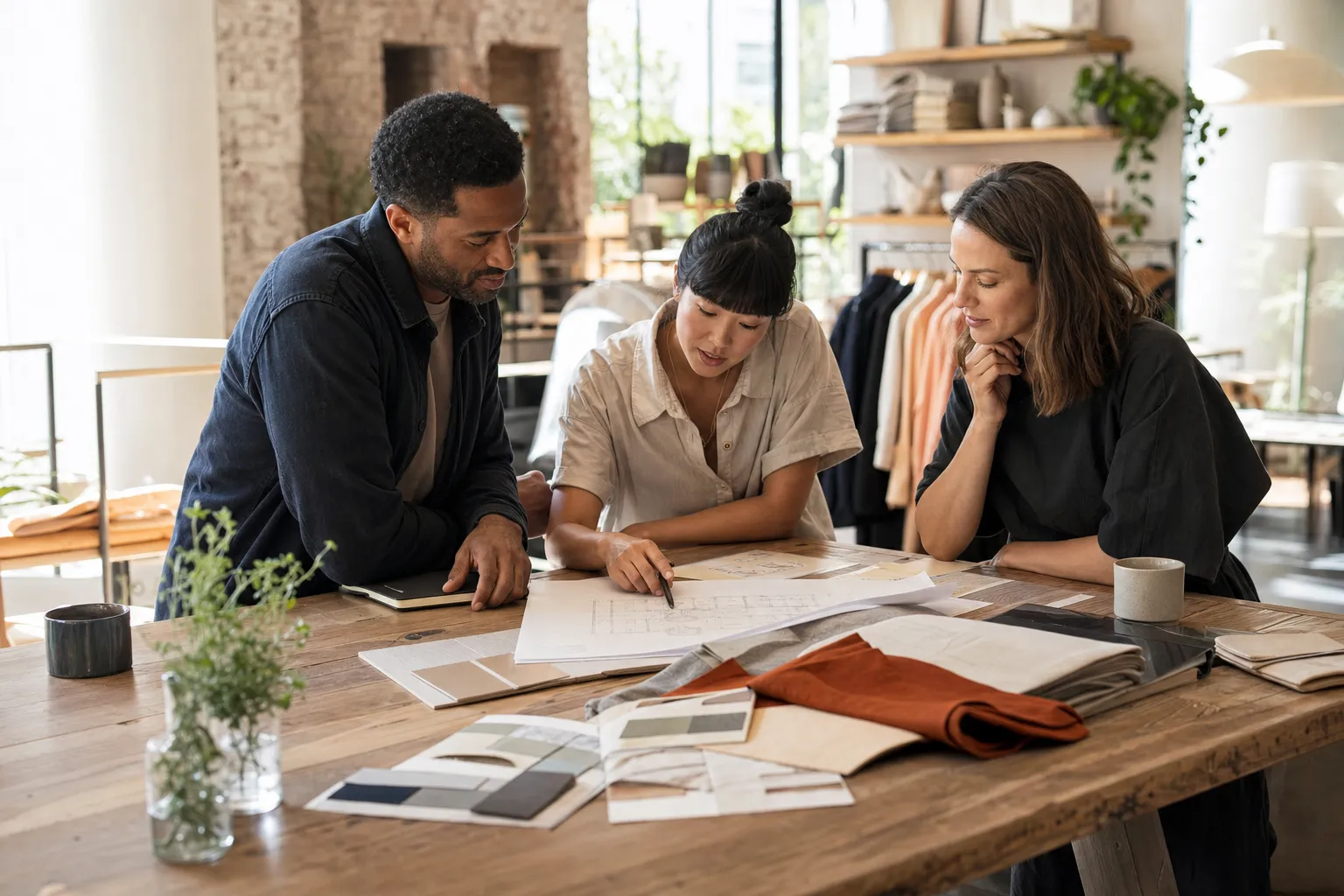 Three leaders reviewing brand materials and a location plan in a retail setting