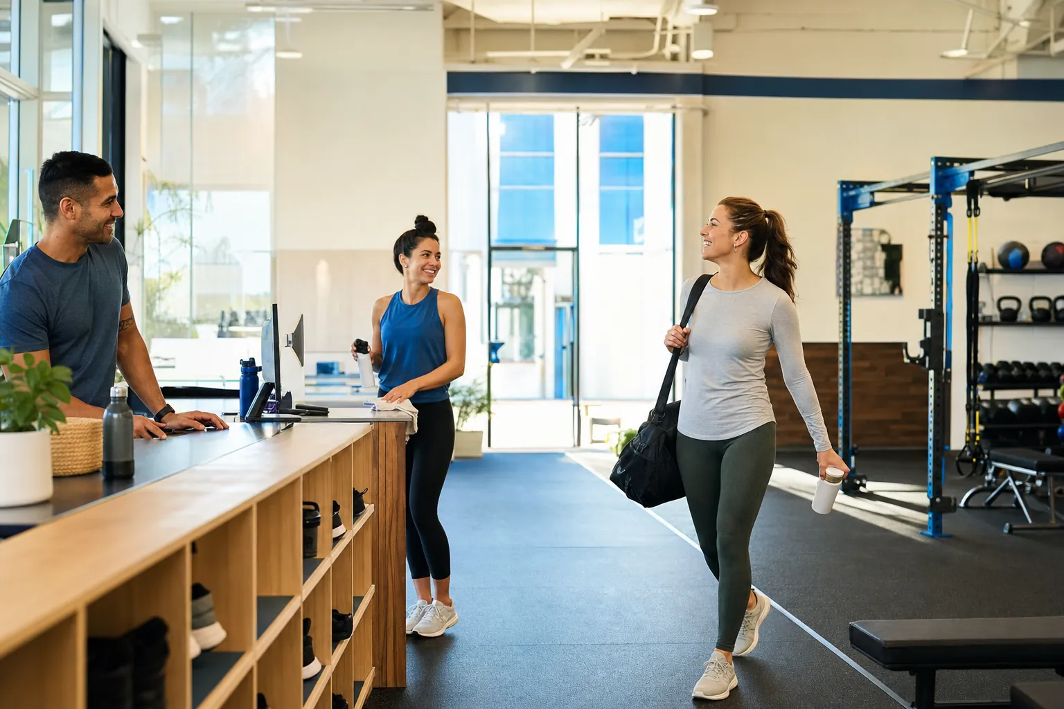 A franchise team welcoming a member at a fitness studio