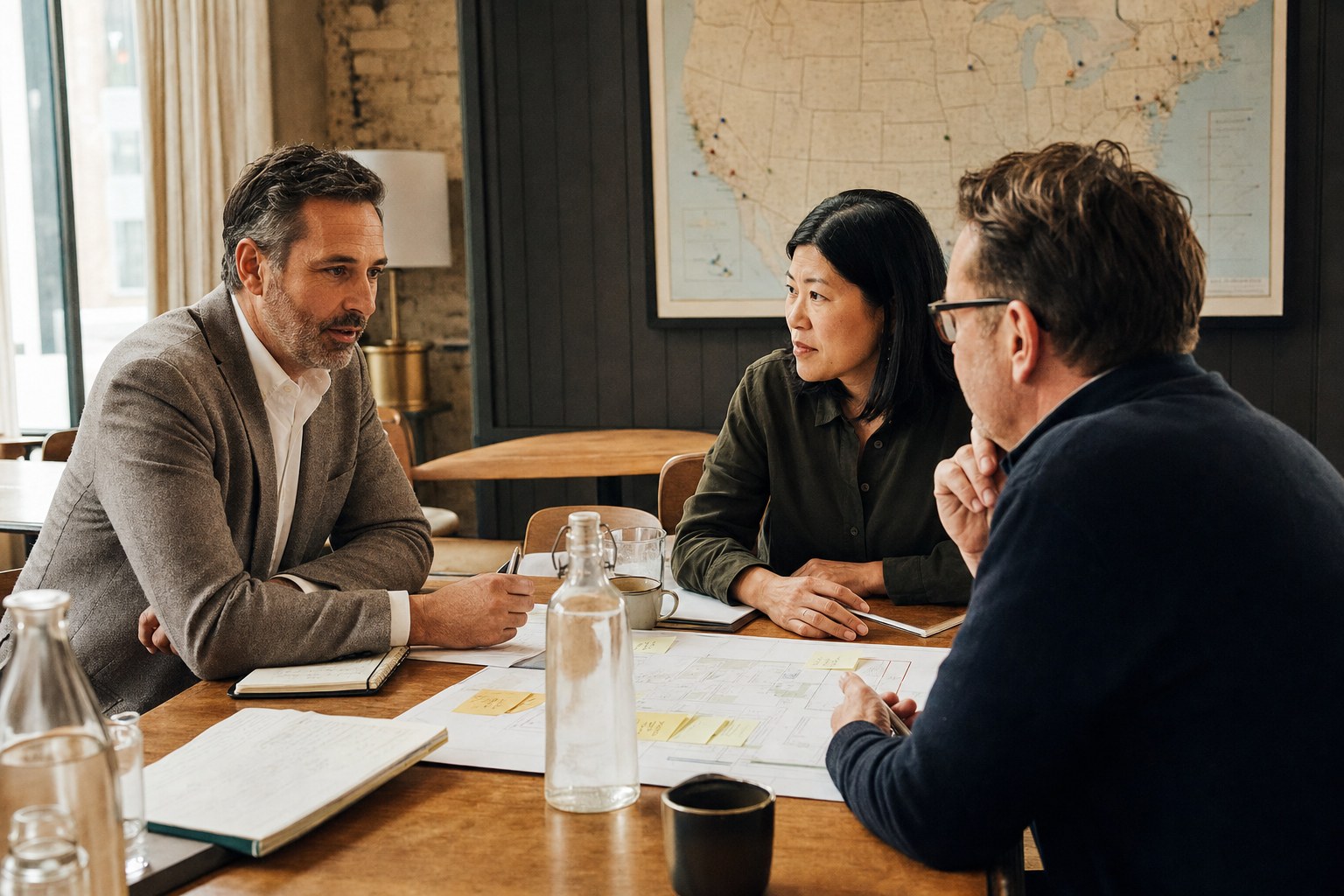 Multi-location leaders sharing observations around a working table