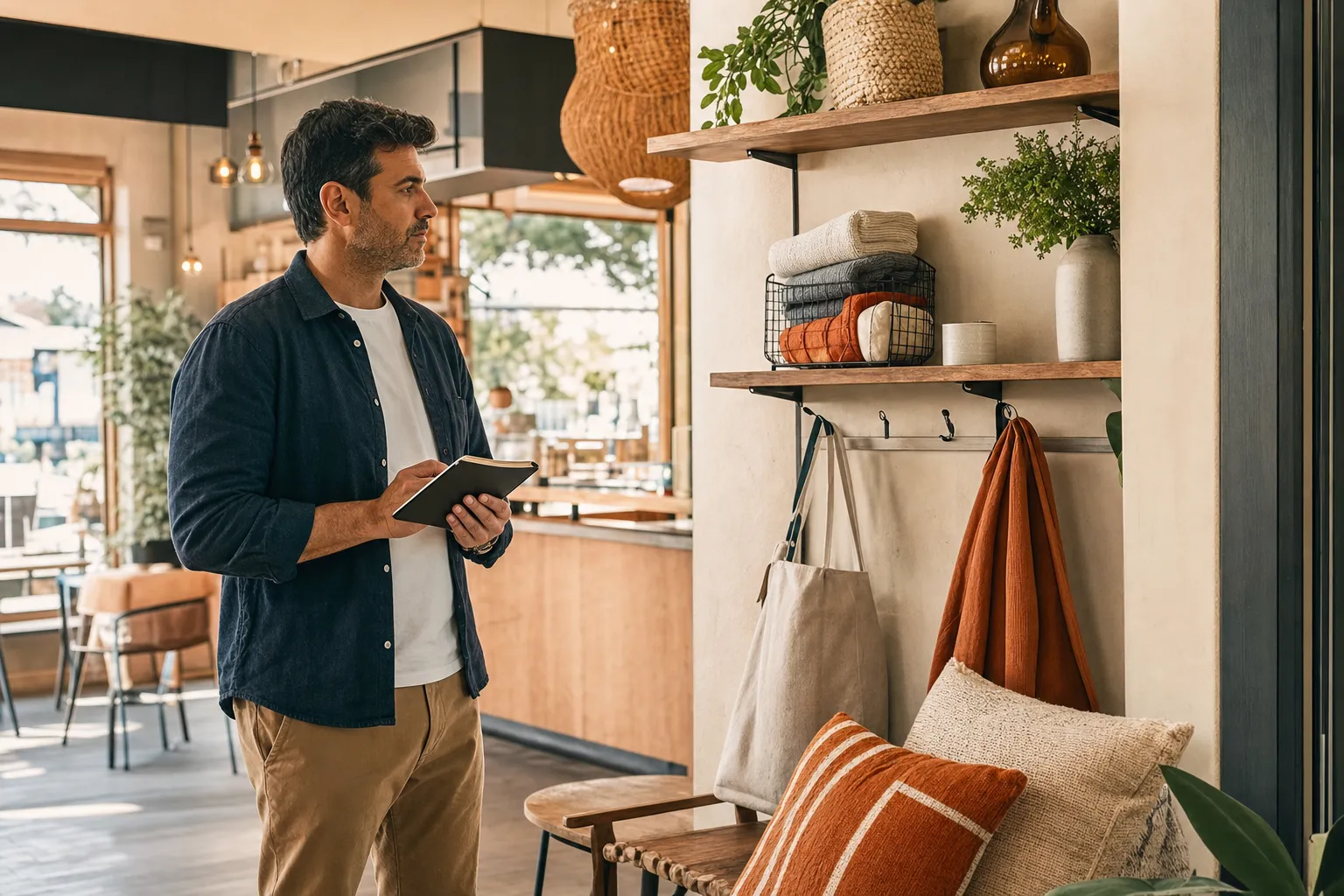 A local business leader reviewing a welcome area and visual display
