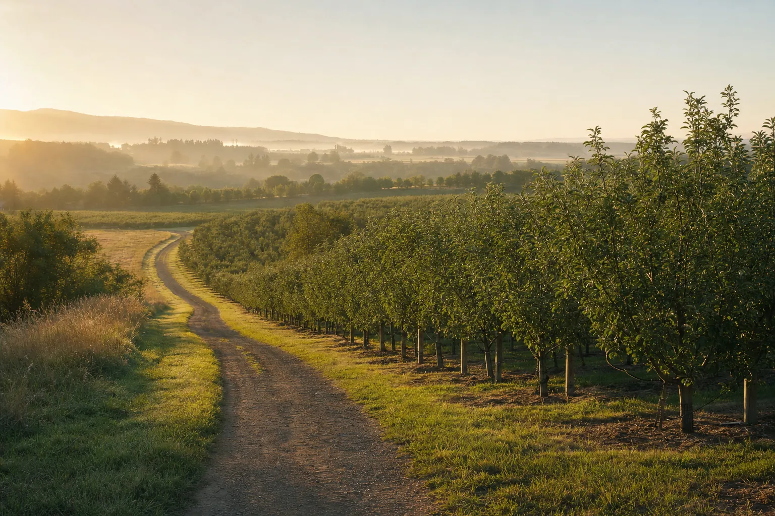 An orderly orchard with a curved path through the trees